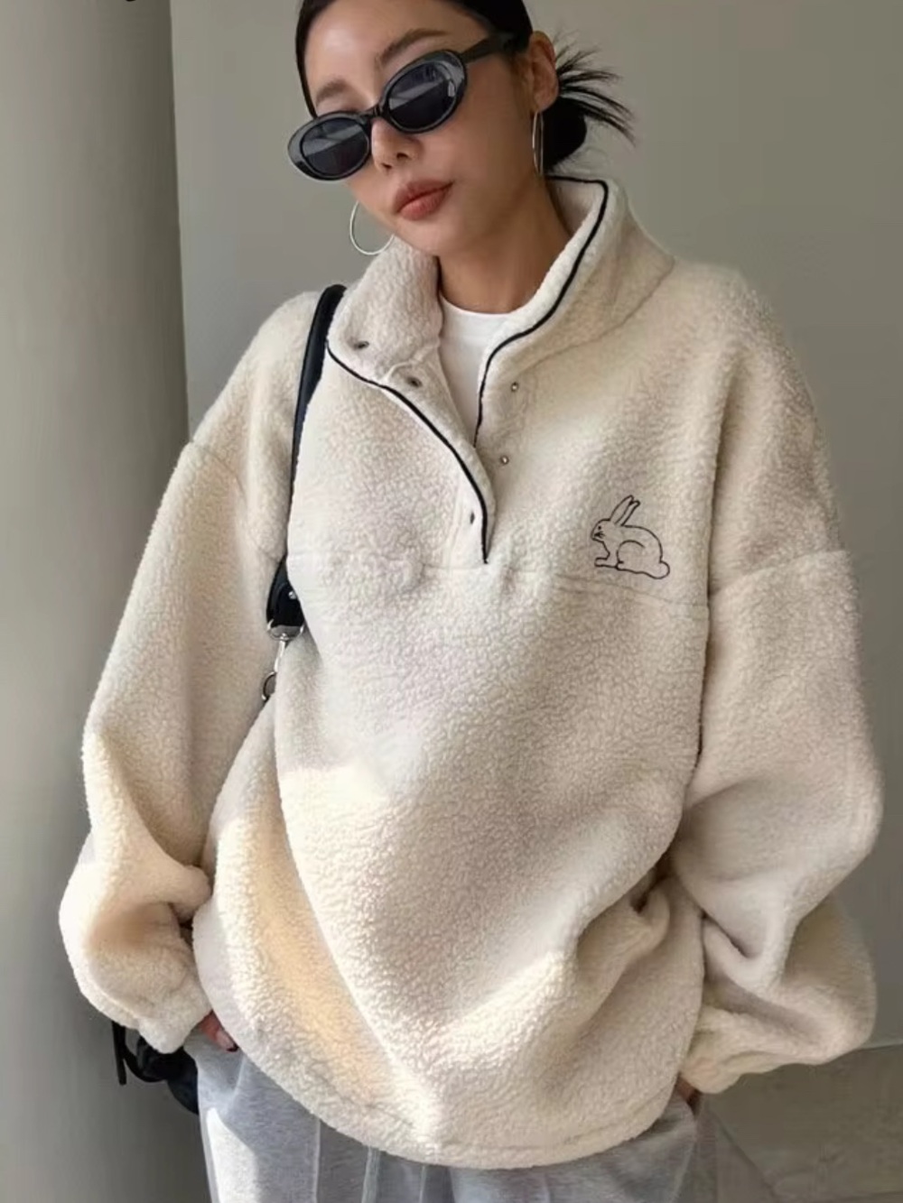 Cream Sherpa Pullover Sweater with Rabbit Embroidery
